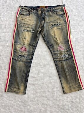 Makobi Washed Distressed Men's Straight Jeans with Pink Side Stripe Sz 48